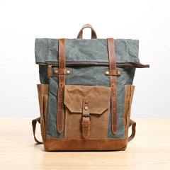 Waxed Canvas Leather Mens 17‘’ Lake Green Backpack Khaki Travel Backpack Dark Gray Hiking Backpack for Men - imessengerbags