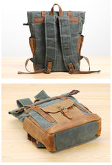 Waxed Canvas Leather Mens 17‘’ Lake Green Backpack Khaki Travel Backpack Dark Gray Hiking Backpack for Men - imessengerbags