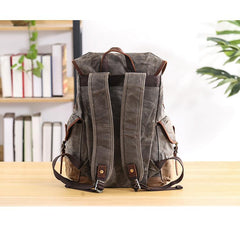 Waxed Canvas Leather Mens Army Green 15‘’ Large Backpack Travel Backpack College Backpack for Men - imessengerbags