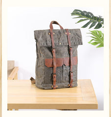 Waxed Canvas Leather Mens 15‘’ Green Waterproof Backpack Khaki Travel Backpack Hiking Backpack for Men - imessengerbags