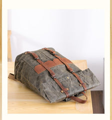 Waxed Canvas Leather Mens 15‘’ Green Waterproof Backpack Khaki Travel Backpack Hiking Backpack for Men - imessengerbags