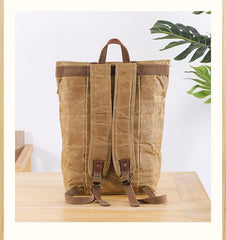 Waxed Canvas Leather Mens 15‘’ Green Waterproof Backpack Khaki Travel Backpack Hiking Backpack for Men - imessengerbags