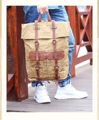 Waxed Canvas Leather Mens 15‘’ Green Waterproof Backpack Khaki Travel Backpack Hiking Backpack for Men - imessengerbags