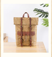 Waxed Canvas Leather Mens 15‘’ Green Waterproof Backpack Khaki Travel Backpack Hiking Backpack for Men - imessengerbags