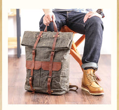 Waxed Canvas Leather Mens 15‘’ Green Waterproof Backpack Khaki Travel Backpack Hiking Backpack for Men - imessengerbags