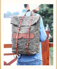 Waxed Canvas Leather Mens 15‘’ Green Waterproof Backpack Khaki Travel Backpack Hiking Backpack for Men - imessengerbags