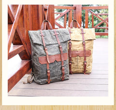 Waxed Canvas Leather Mens 15‘’ Green Waterproof Backpack Khaki Travel Backpack Hiking Backpack for Men - imessengerbags