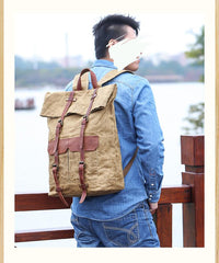Waxed Canvas Leather Mens 15‘’ Green Waterproof Backpack Khaki Travel Backpack Hiking Backpack for Men - imessengerbags