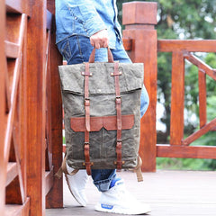 Waxed Canvas Leather Mens 15‘’ Green Waterproof Backpack Khaki Travel Backpack Hiking Backpack for Men - imessengerbags