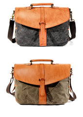 Waxed Canvas Leather Mens Casual 14'' Messenger Bag Side Bag Computer Bag For Men