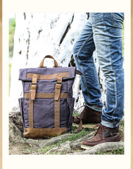 Waxed Canvas Leather Mens 15‘’ Gray College Backpack Travel Backpack Hiking Backpack for Men - imessengerbags