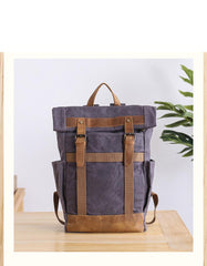 Waxed Canvas Leather Mens 15‘’ Gray College Backpack Travel Backpack Hiking Backpack for Men - imessengerbags