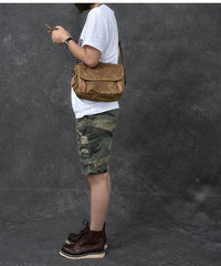 Waxed Canvas Leather Mens Gray Side Bag Khaki Messenger Bag Small Courier Bag For Men
