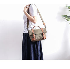 Canvas Leather Mens Womens Small Side Bag Green Courier Bag Messenger Bag for Men - imessengerbags