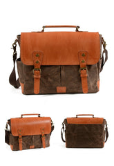 Waxed Canvas Leather Mens Retro 14'' Handbag Messenger Bag Computer Bag For Men