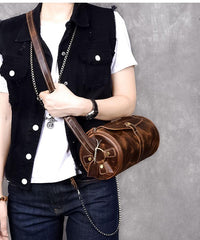 Leather Mens Vintage Brown Side Bag Barrel Messenger Bag Small Bucket Bag For Men - imessengerbags