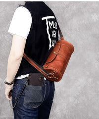 Leather Mens Vintage Brown Side Bag Barrel Messenger Bag Small Bucket Bag For Men - imessengerbags