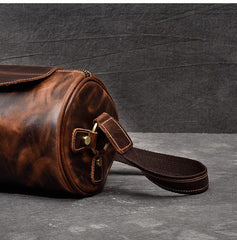 Leather Mens Vintage Brown Side Bag Barrel Messenger Bag Small Bucket Bag For Men - imessengerbags