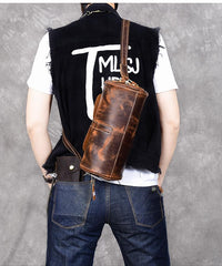 Leather Mens Vintage Brown Side Bag Barrel Messenger Bag Small Bucket Bag For Men - imessengerbags