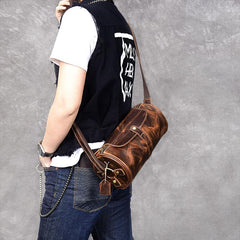 Leather Mens Vintage Brown Side Bag Barrel Messenger Bag Small Bucket Bag For Men - imessengerbags
