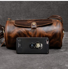 Leather Mens Vintage Brown Side Bag Barrel Messenger Bag Small Bucket Bag For Men - imessengerbags