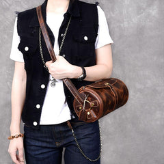 Leather Mens Vintage Brown Side Bag Barrel Messenger Bag Small Bucket Bag For Men - imessengerbags