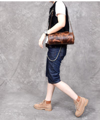 Leather Mens Vintage Brown Side Bag Barrel Messenger Bag Small Bucket Bag For Men - imessengerbags