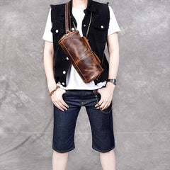 Leather Mens Vintage Brown Side Bag Barrel Messenger Bag Small Bucket Bag For Men - imessengerbags