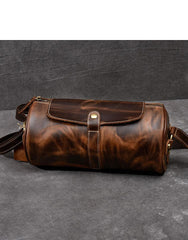 Leather Mens Vintage Brown Side Bag Barrel Messenger Bag Small Bucket Bag For Men - imessengerbags