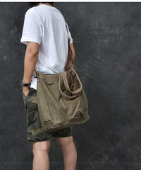 Washed Canvas Leather Mens 15'' Army Green Tote Bag Handbag Tote Bag Light Coffee Shoulder Bag Tote Purse For Men - imessengerbags