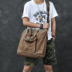 Washed Canvas Leather Mens 15'' Army Green Tote Bag Handbag Tote Bag Light Coffee Shoulder Bag Tote Purse For Men - imessengerbags