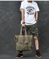 Washed Canvas Leather Mens 15'' Army Green Tote Bag Handbag Tote Bag Light Coffee Shoulder Bag Tote Purse For Men - imessengerbags