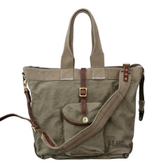 Washed Canvas Leather Mens 15'' Army Green Tote Bag Handbag Tote Bag Light Coffee Shoulder Bag Tote Purse For Men - imessengerbags