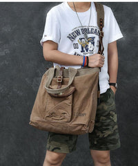 Washed Canvas Leather Mens 15'' Army Green Tote Bag Handbag Tote Bag Light Coffee Shoulder Bag Tote Purse For Men - imessengerbags