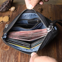 Wrinkled Leather Mens Cool Long Leather Blue Wallet Zipper Clutch Wristlet Wallet for Men - imessengerbags