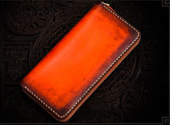 Handmade Leather Mens Cool Long Leather Wallet Zipper Clutch Wallet for Men