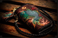 Handmade Leather Tooled Carp Mens Chain Biker Wallet Cool Leather Wallet Long Phone Wallets for Men