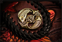Handmade Leather Tooled Carp Mens Chain Biker Wallet Cool Leather Wallet Long Phone Wallets for Men