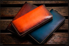 Handmade Leather Mens Cool Long Leather Wallet Zipper Clutch Wallet for Men