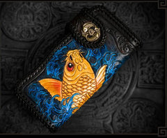 Handmade Leather Tooled Carp Mens Chain Biker Wallet Cool Leather Wallet Long Phone Wallets for Men - imessengerbags