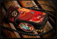 Handmade Leather Tooled Carp Mens Chain Biker Wallet Cool Leather Wallet Long Phone Wallets for Men