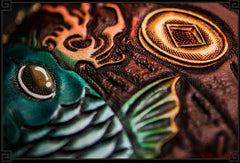 Handmade Leather Tooled Carp Mens Chain Biker Wallet Cool Leather Wallet Long Phone Wallets for Men