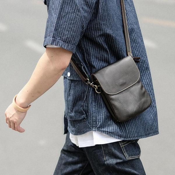 Cool Black Leather Mens Small Vertical Courier Bag Brown Messenger Bags Blue Postman Bag For Men - imessengerbags