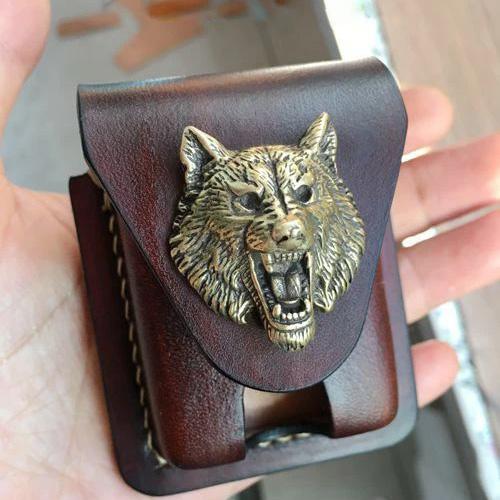 Handmade Coffee Wolf Leather Mens Armor Zippo Lighter Case Zippo Lighter Holder with Belt Loop for Men