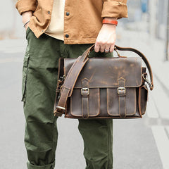 Vintage Dark Brown Leather Mens 14 inches Briefcase Work Shoulder Briefcase Handbags For Men - imessengerbags