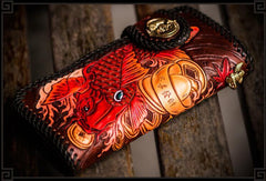 Handmade Leather Tooled Carp Mens Chain Biker Wallet Cool Leather Wallet Long Phone Wallets for Men