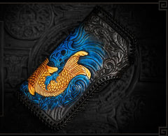 Handmade Leather Tooled Carp Mens Chain Biker Wallet Cool Leather Wallet Long Phone Wallets for Men - imessengerbags