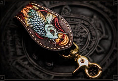 Handmade Leather Tooled Carp Mens Chain Biker Wallet Cool Leather Wallet Long Phone Wallets for Men