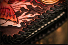 Handmade Leather Tooled Carp Mens Chain Biker Wallet Cool Leather Wallet Long Phone Wallets for Men