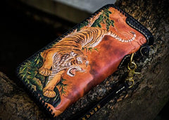 Handmade Leather Tooled Chinese Dragon Chain Wallet Mens Biker Wallet Cool Leather Wallet Long Phone Wallets for Men - imessengerbags